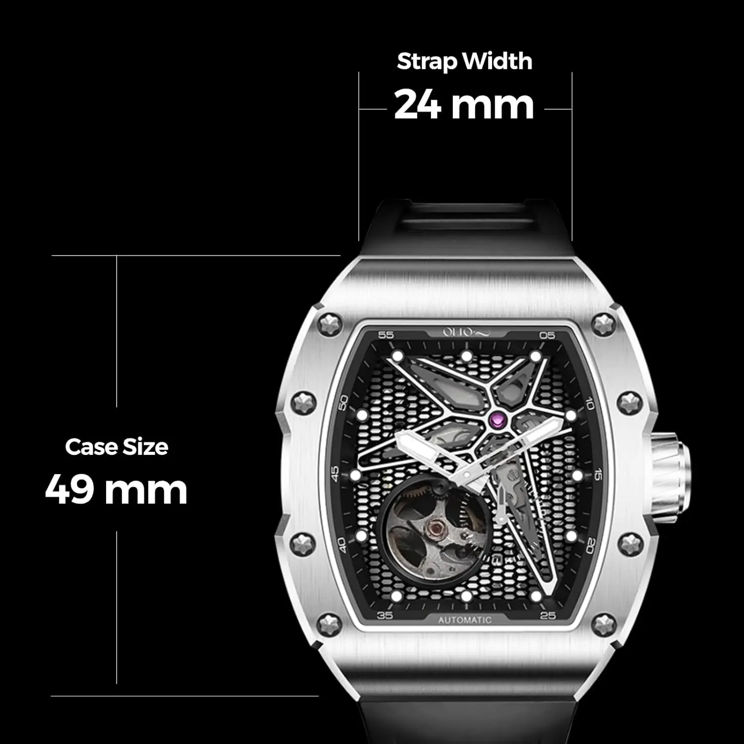 OLTO-8 Luxuriöse automatische mechanische Uhr mit Silikonarmband, Tonneau-Skelettuhren für Herren, Edelstahl, 5 ATM wasserdicht