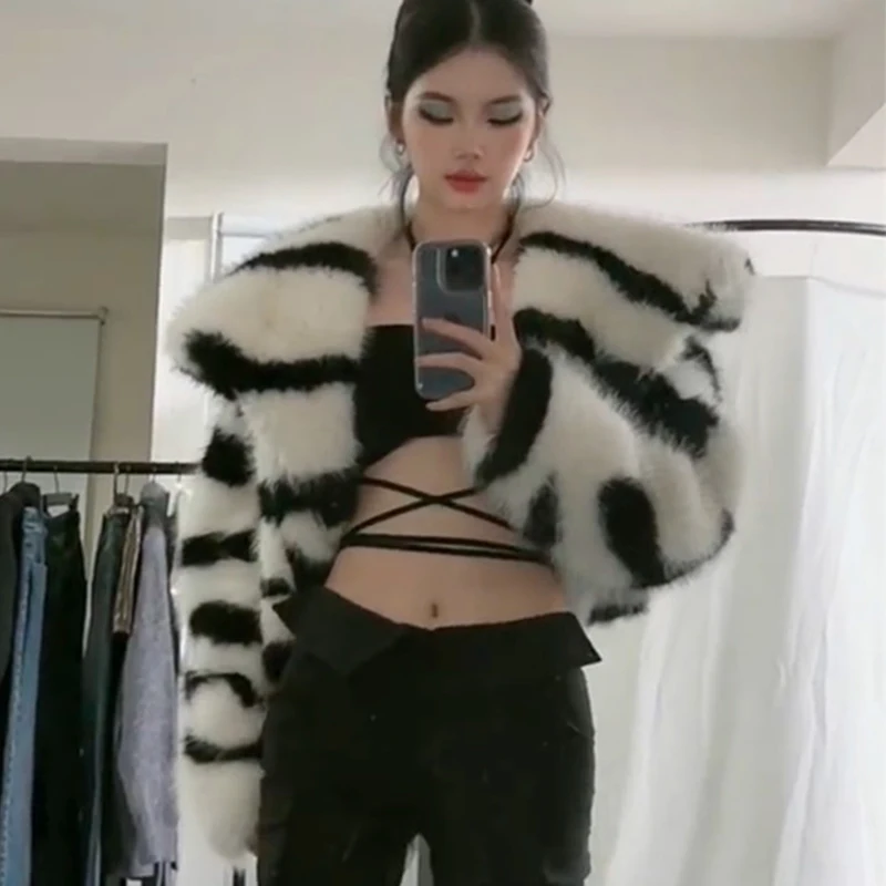 Cropped Zebra Fur Coat Women Winter Faux Fox Fur Short Jackets Y2k Hot Girls Korean Fashion Goth Punk Fluffy Furry Big Collar