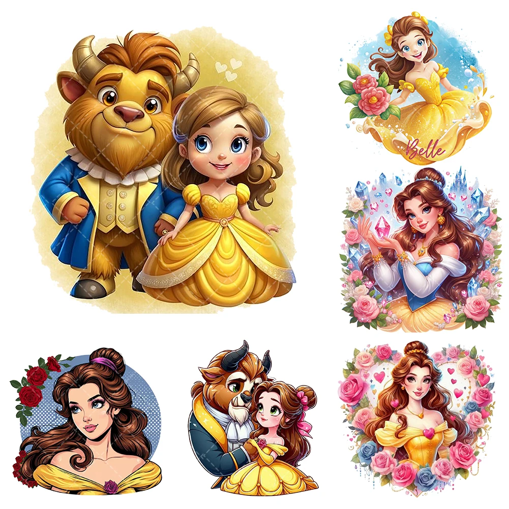 New Disney princess Belle  Iron On Heat Transfer Stickers For Clothes DTF Pinted Vinyl Thermal Appliques Washable T-Shirt Decal