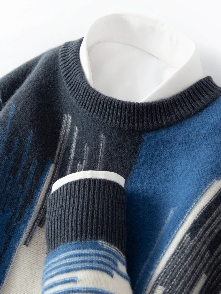 

Men Wool Sweater Jacquard Pullover Thick Warm Autumn Winter 100% Merino Wool Knitwear O-neck Cashmere Long Sleeve Clothing Tops