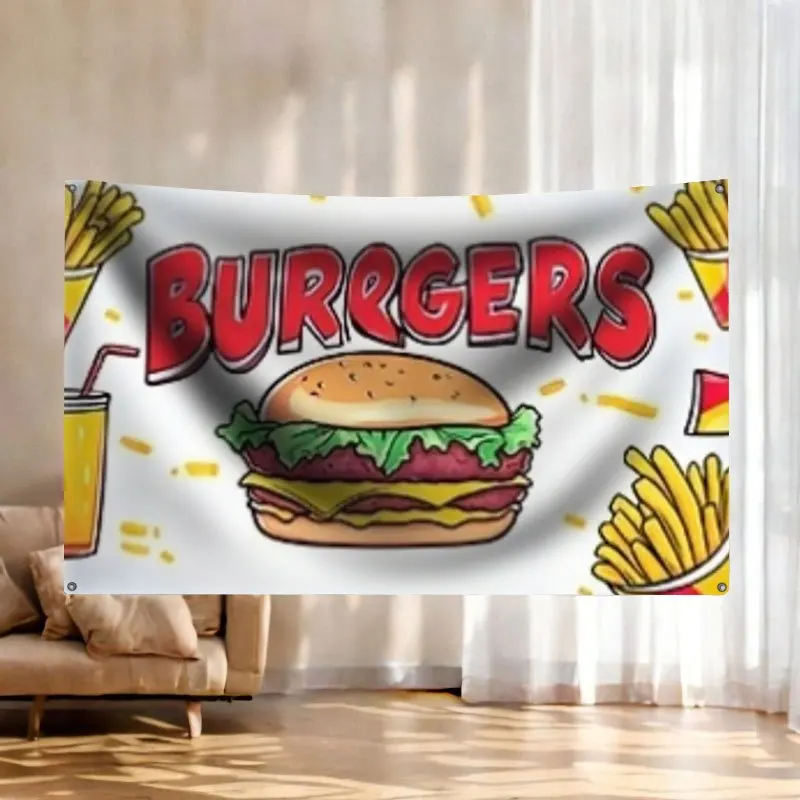 Funny Burger Tapestry Wall Decor Banner Kitchen Food Theme Fast Food Restaurant Graphic Novelty Poster Hanging Art Gift