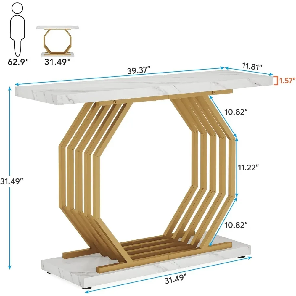 Gold Console Table, Faux Marble Entryway Narrow Sofa Table with Geometric Metal Base, 40 Inch Modern Accent Entrance