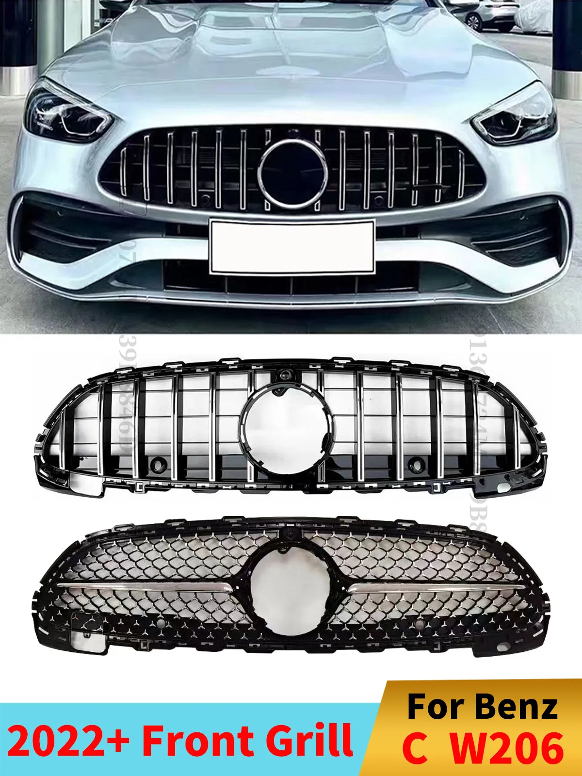 

GT Diamond Style Front Bumper Inlet Grille Racing Hood Grill For Mercedes W206 Benz C 2022 2023 C200 C220 C300 Center Grid Mesh