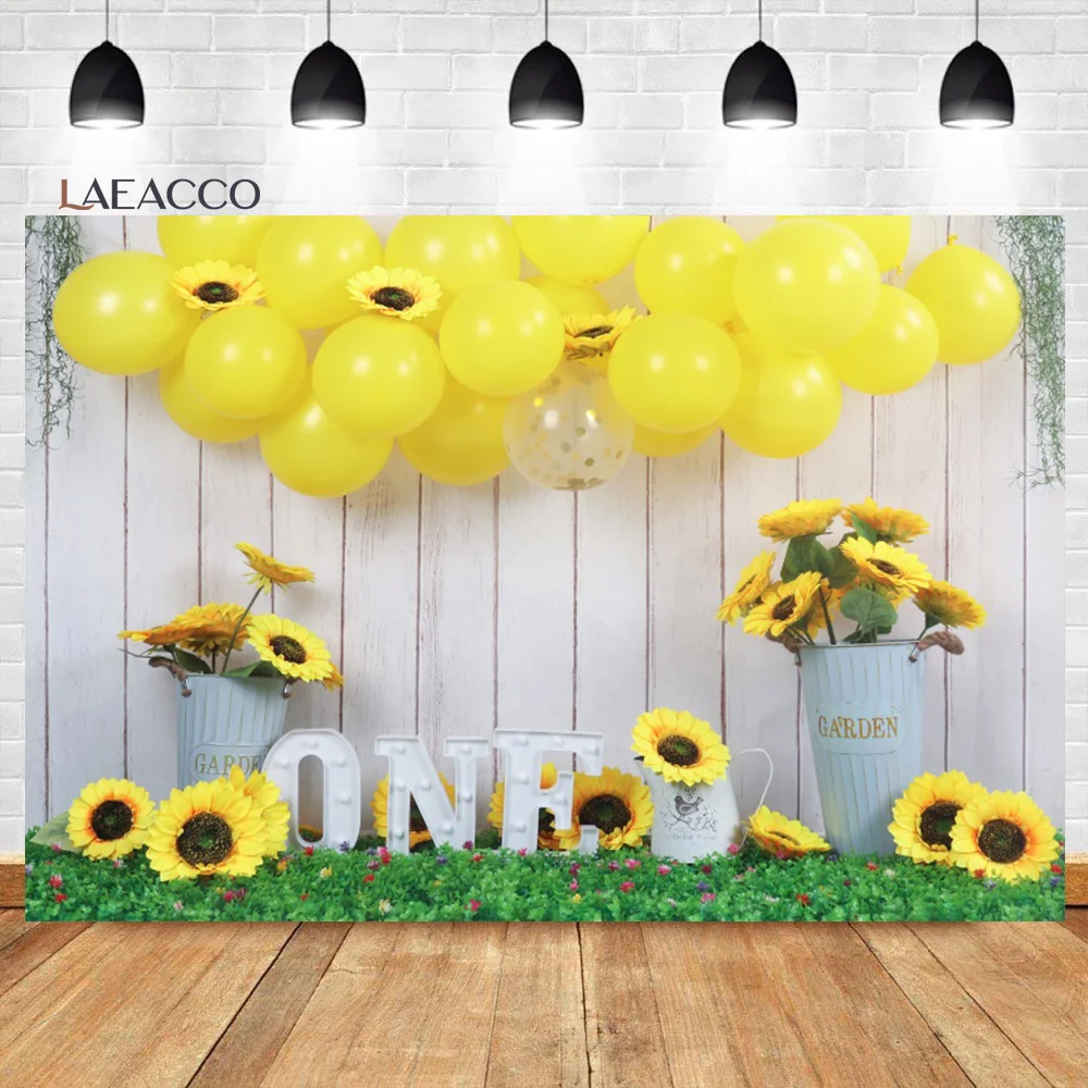 

Laeacco Spring Sunflower Wooden Birthday Scene Photography Backdrop Balloon Flower Newborn Kids Cake Smash Portrait Background