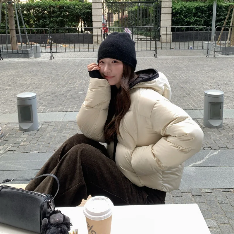 Women's Hooded Padded Coat Winter Short Puffer Jacket Color Block Loose Fit Thick Bread Outerwear Trendy Casual Fashion Jackets