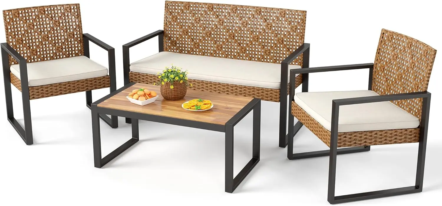 Rattan and Acacia Wood Beige Patio Furniture Set for Deck, Yard, Porch - 4 Piece Modern Sectional Conversation Sofa Set