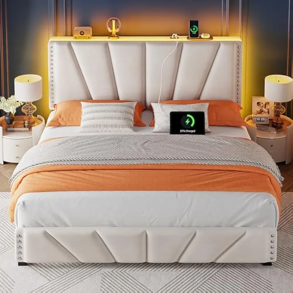 LED Bed Frame, Velvet Storage Headboard with Charging Station, Easy Assembly Bed Frame w/Sturdy Wooden Slats Support, Noise-Free image 2