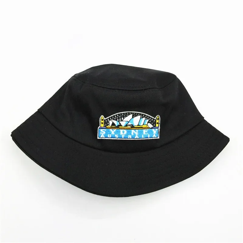 Four Seasons Geometric Building Embroidery Cotton Bucket Hat Fisherman Hat Outdoor Travel Sun Cap Hats for Men and Women 388