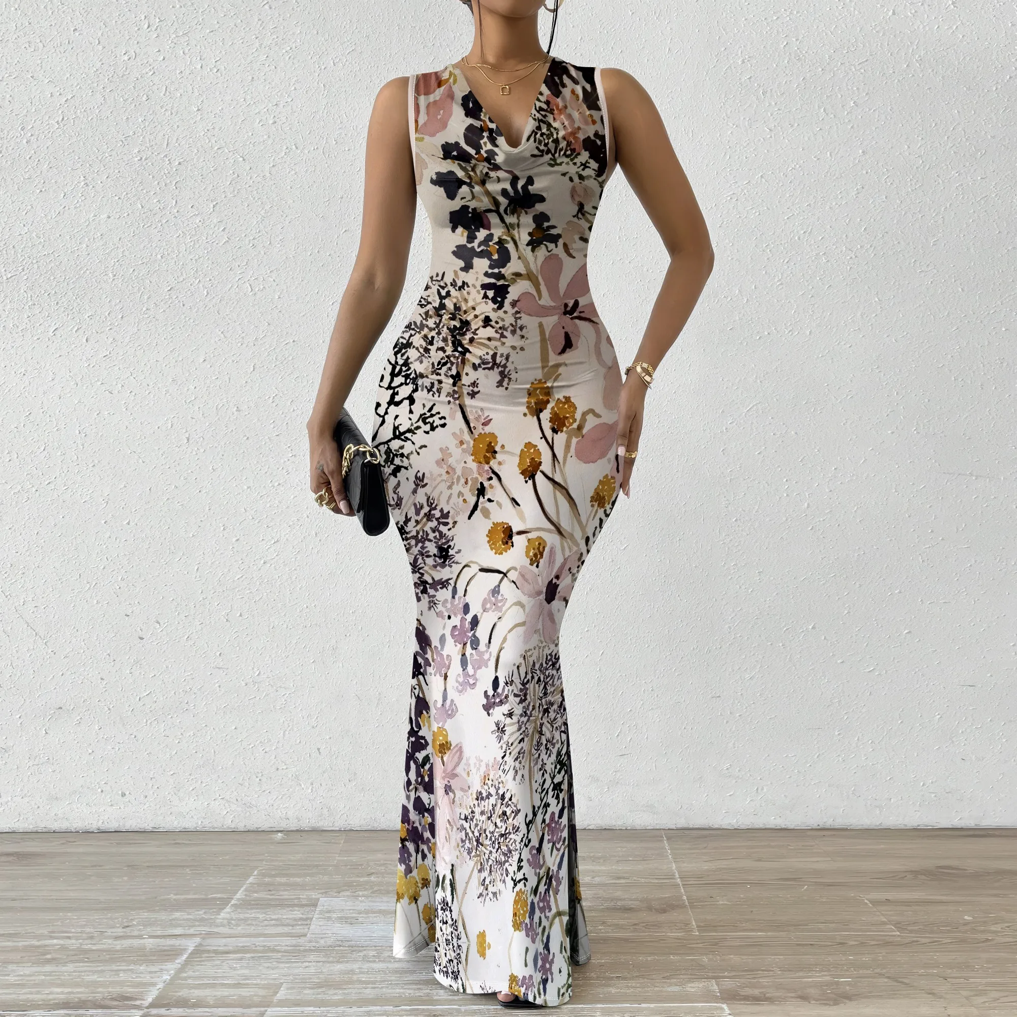 

Women's V-Neck Sleeveless Maxi Dress Vintage Floral Print Elegant Casual Party Dress
