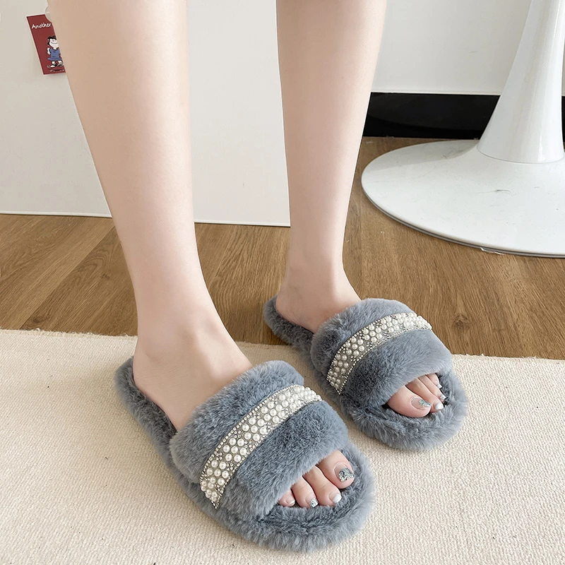 Small Niche Rhinestone Hairy Slippers for Women, 2026 Autumn and Winter, New One-piece Home Shoes for Outdoor Wear view 4