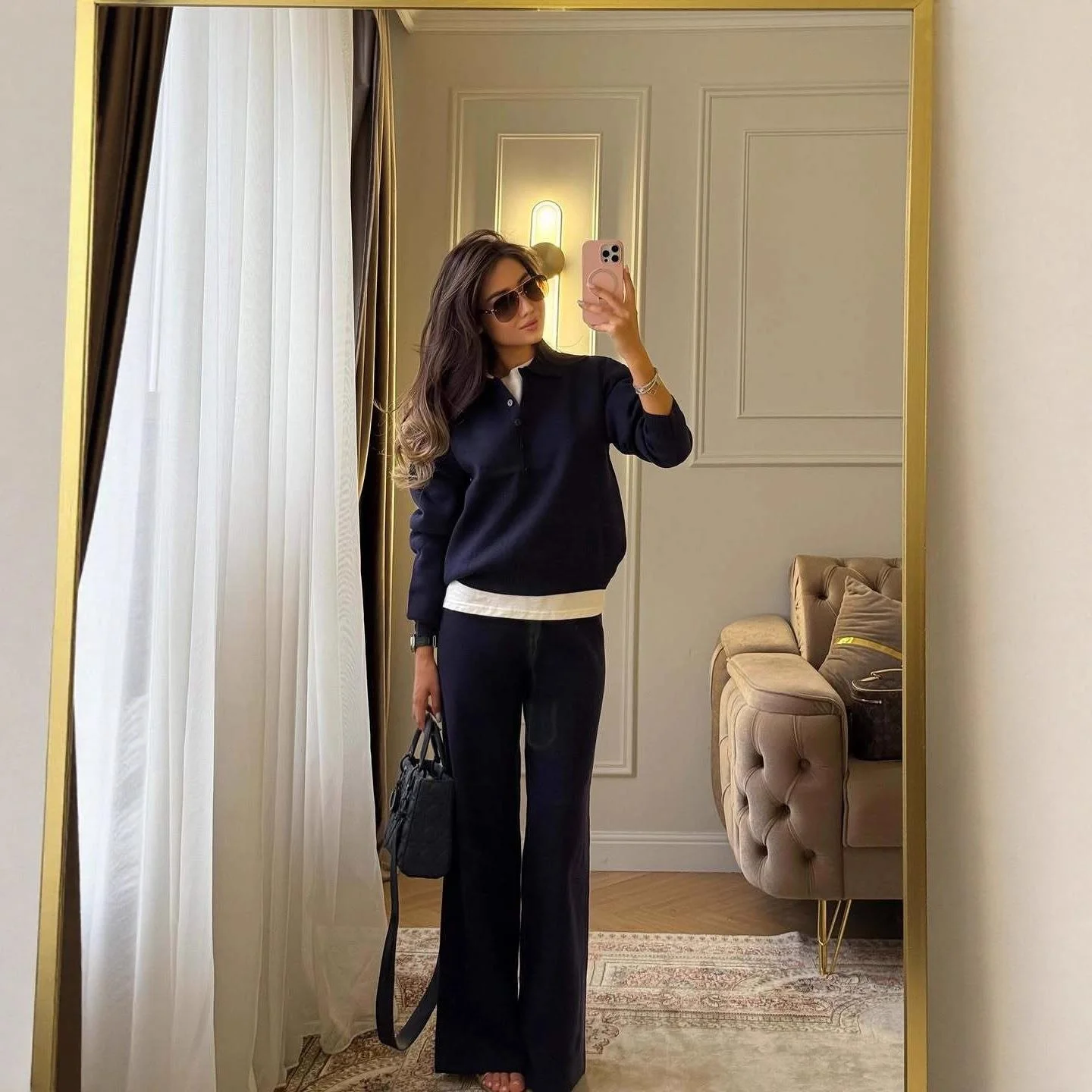 

Осенне-зимний вязаный комплект с лацканами, прямые брюки длиной до пола, пуловер Crew Ne, мягкая ткань ПВХ