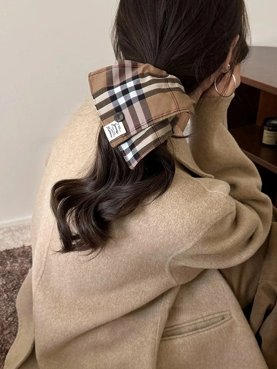 1PC Vintage British Style Checkered Square Hair Tie Fashion Button Elastic Rubber Band for Low Ponytail Versatile Headwear image 3