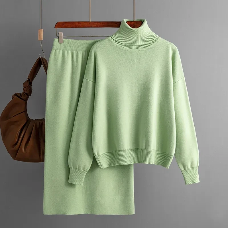 

High neck sweater Half body wrapped hip Skirt two-piece set Autumn Winter New Knitted Women's Long sleeves Casual Clothing Sets