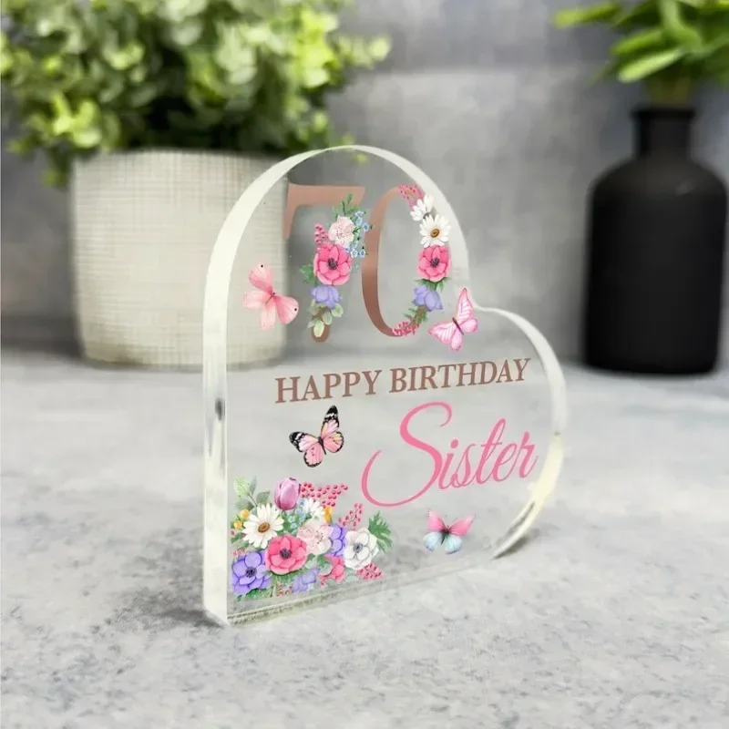 Heart Shaped Acrylic Plaque Happy 70th Birthday Sister Floral Butterfly Desk Decor