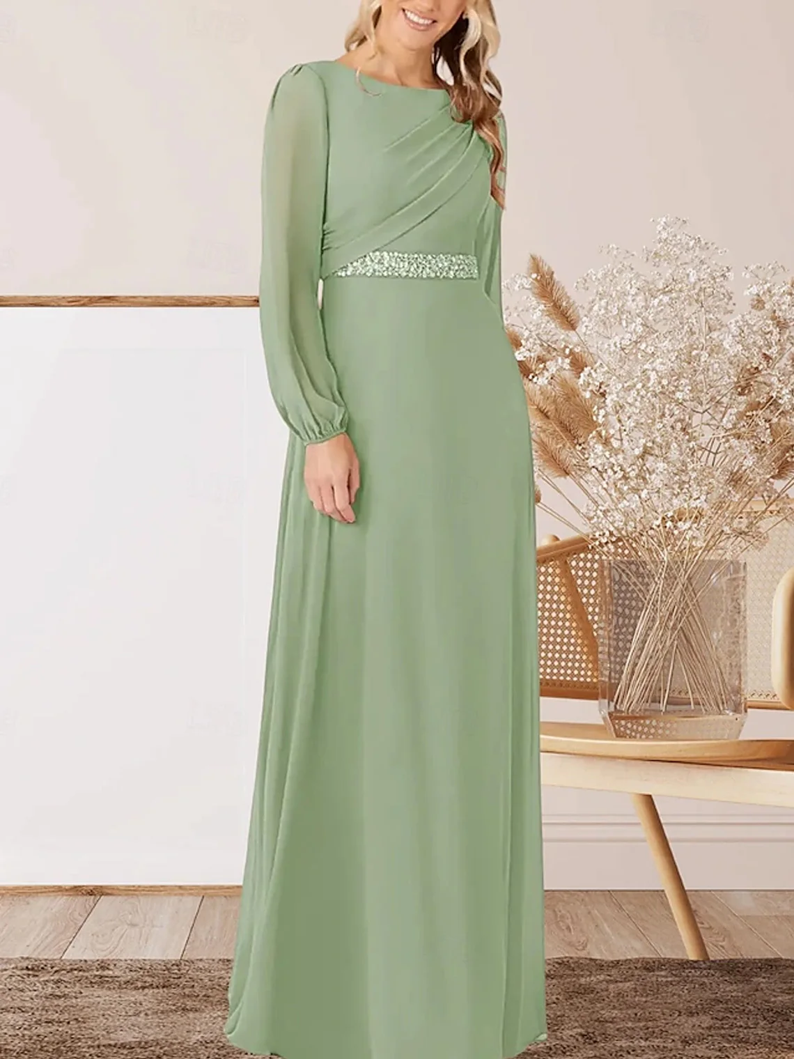 

Elegant A-Line Chiffon Dress Jewel Neck Floor Length Long Sleeves Beading Mother the Bride Gown 2025 free customized