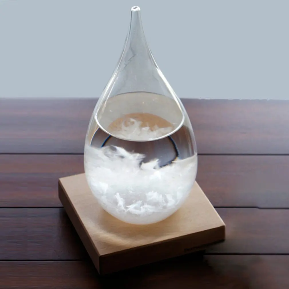 Mini botella de vidrio de tormenta de gotas de escritorio, Monitor de predicción del tiempo, barómetro con Base de madera para decoración del hogar