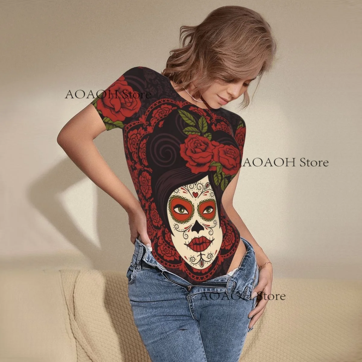 섹시한 여성 점프 슈트 여성 Romper Bodysuit Sleeved Sugar Skull 소녀 여성 의류 꽉 작업복