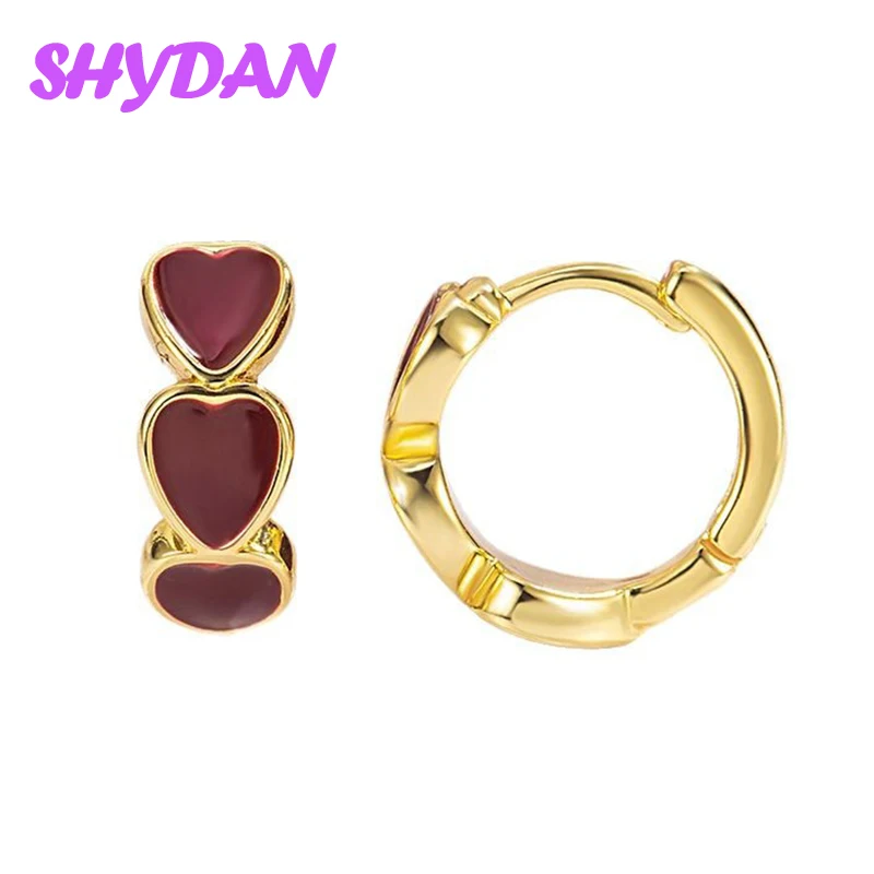 SHYDAN 925 Sterling Silber 18K Gold Rote Glasierte Herz-Creolen für Damen und Mädchen, Modeschmuck