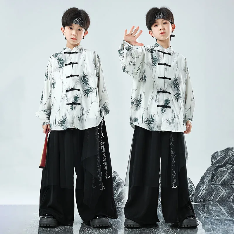 New K-POP Modern Dance Outfits For Boys cool Jazz Modern Street Dance Wear Stage Kids Clothes Chinese Style Jazz Suit XH50