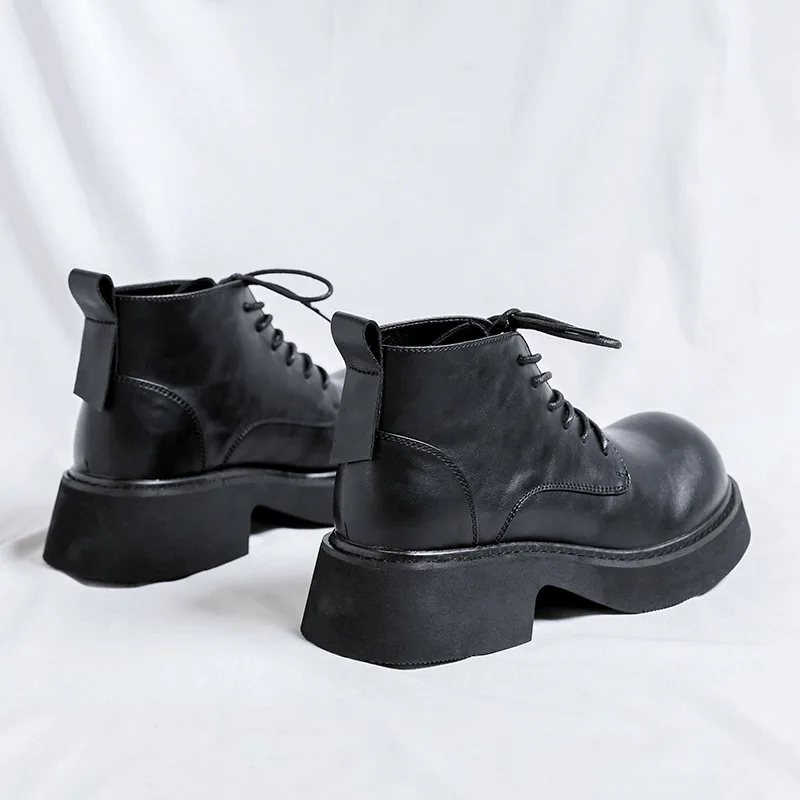 New British Men Fashion Black Men Boots Dress Leather Shoes Platform Boots Outdoor Height Increasing Shoes Motorcycle Boots