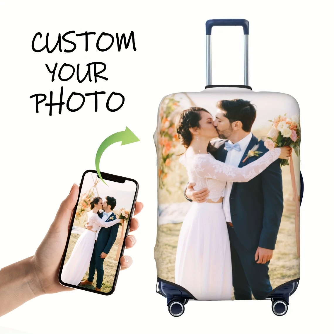 Custom luggage covers featuring personalized photos, printed on both sides—the perfect wedding anniversary gift