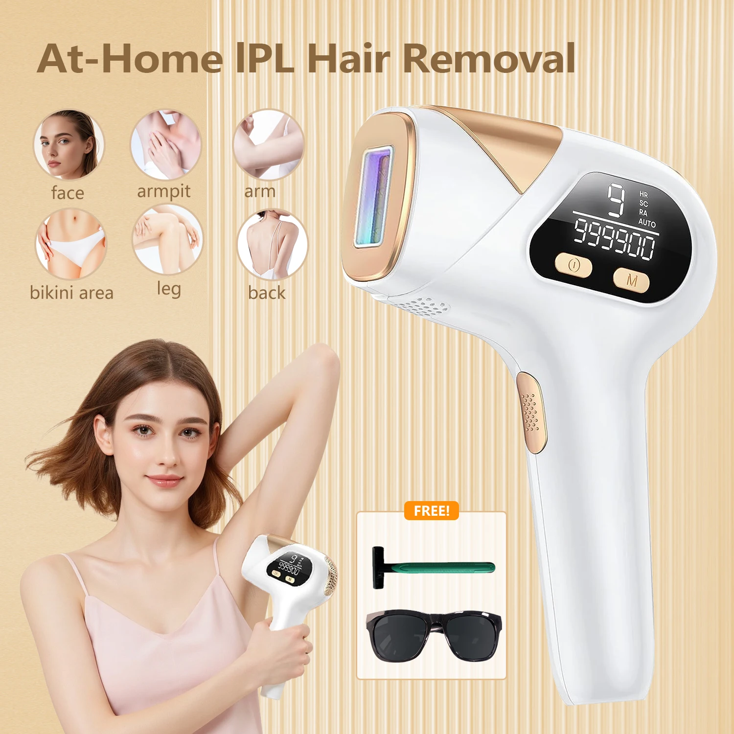IPL Laser Hair Removal Device 3-in-1 999900 Flashes 9 Levels Permanent Epilator Whole Body Treament Home Use For Men Women