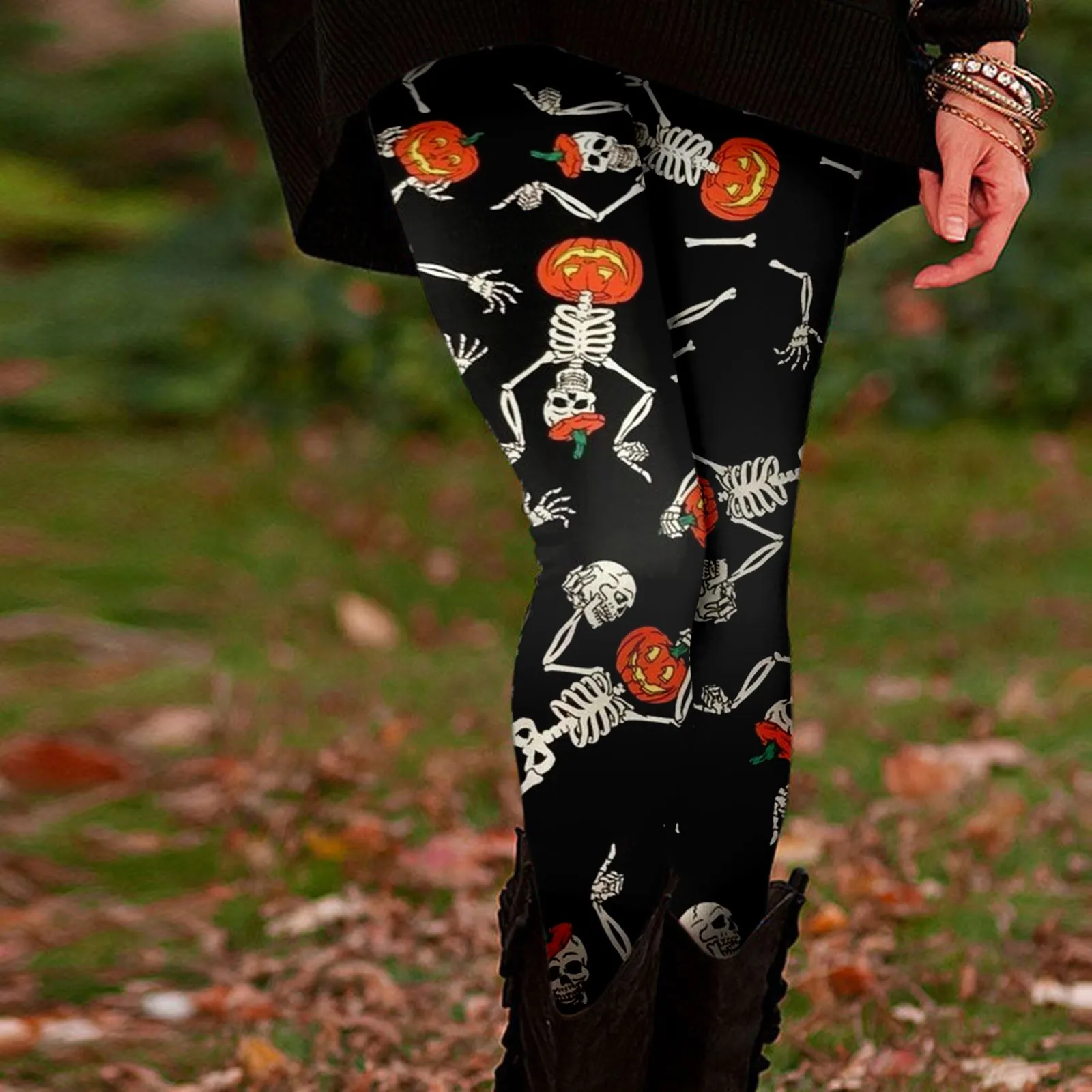 Womens Halloween Theme Casual Comfort Pants Pumpkin Head And Skull Printed High Waist Warm Slimming Smooth Leggings Long Pants