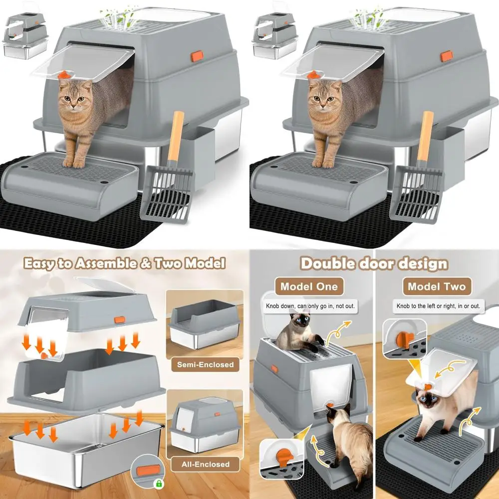 

Очень большой закрытый лоток для кошек с крышкой, XL, с передним входом для крупных кошек, верхним выходом, металлическим поддоном, ковриком, ступенькой для вылизывания, угольным фильтром