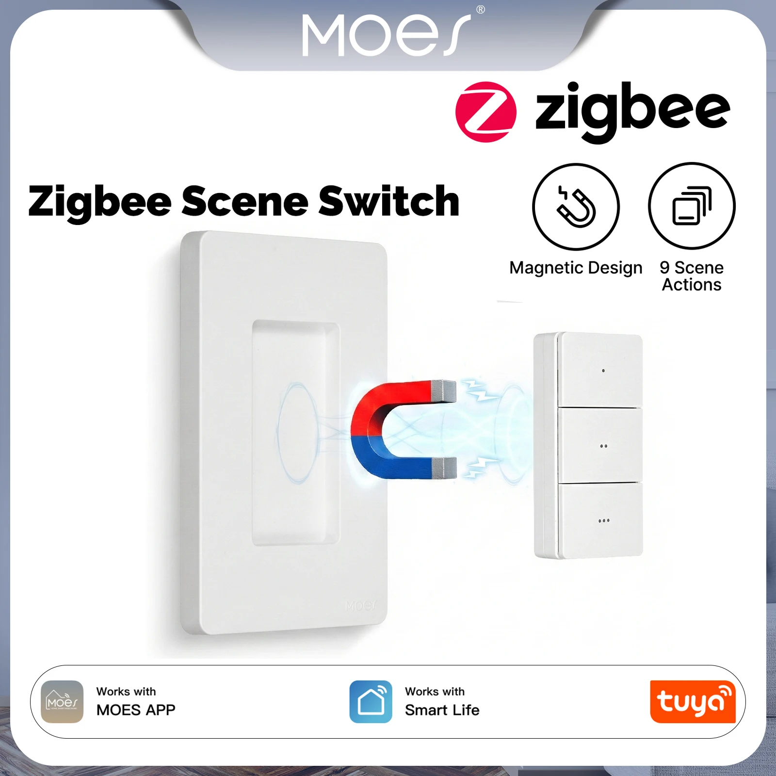 MOES Tuya Zigbee Interruptor de Cena Inteligente Sem Fio 3 Teclas 9 Cenários Design Magnético Controle por Botão Portátil Versão EUA