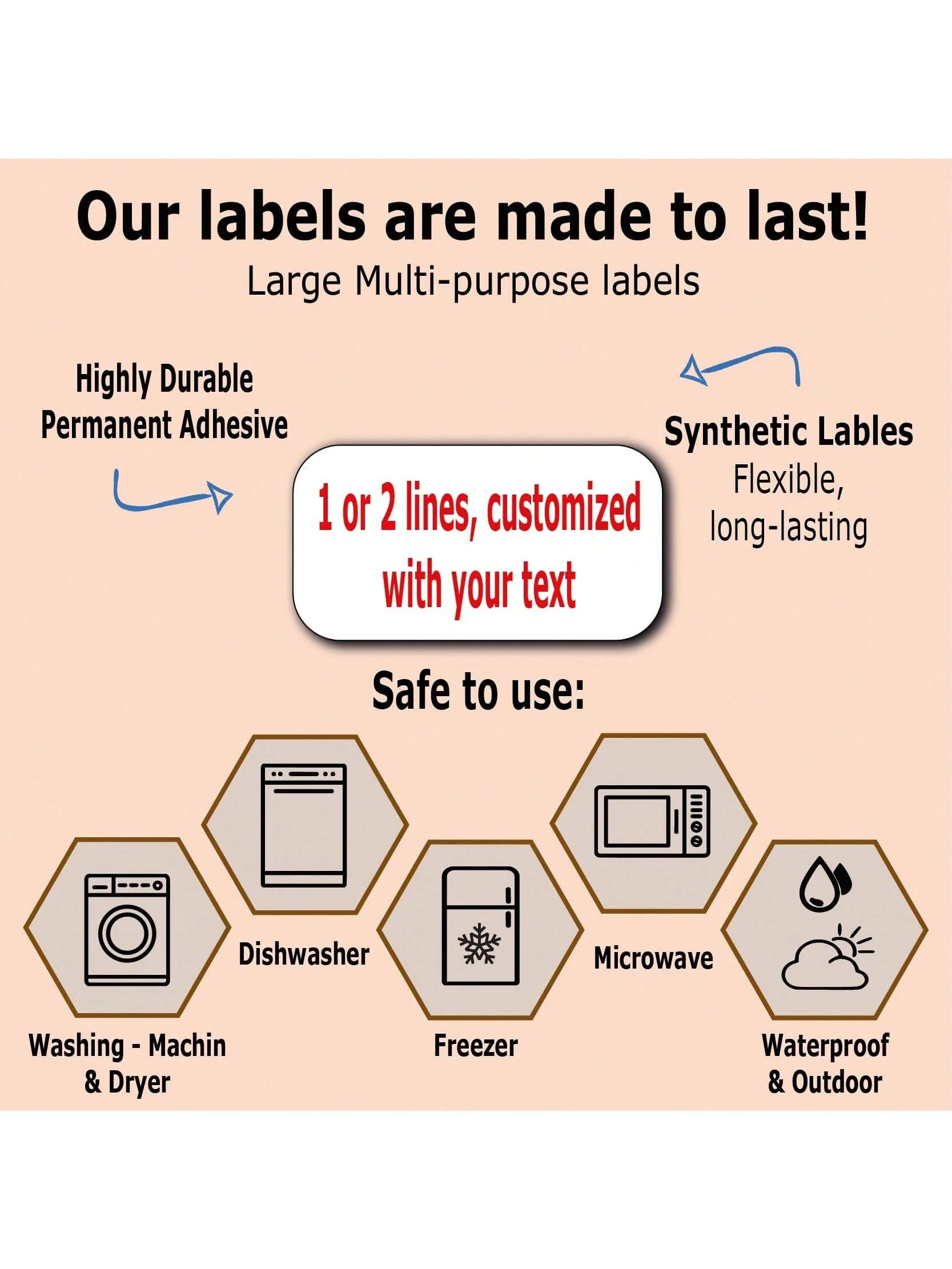 75 personalized waterproof name tags. Press and stick for versatile, customizable name tags. Customizable with two lines of text