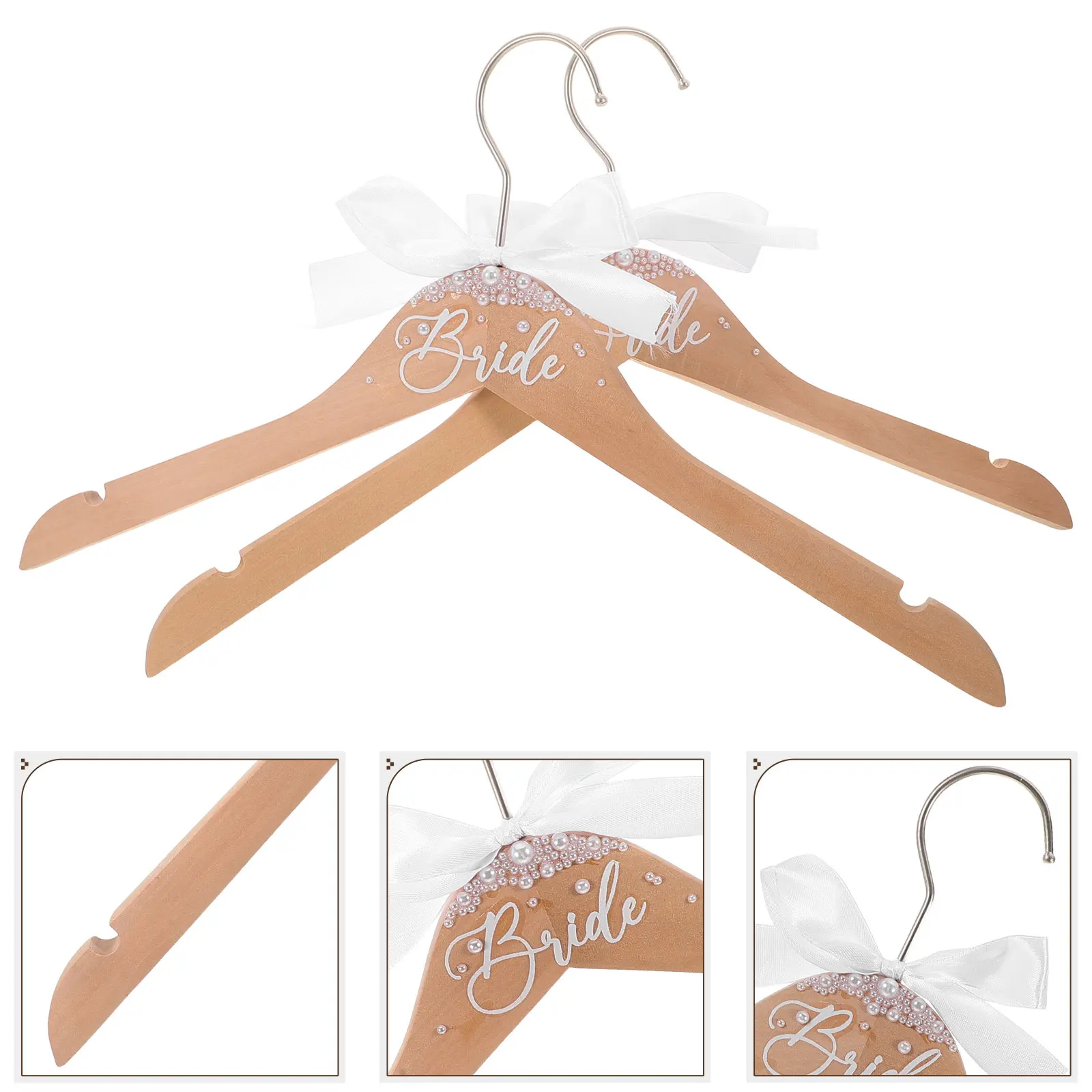 

2Pcs Bridal Wedding Dress Hanger Pearl Beads Bow Wooden Bridesmaid Gown Clothes Hanger Bride Groom Outfit Hangers