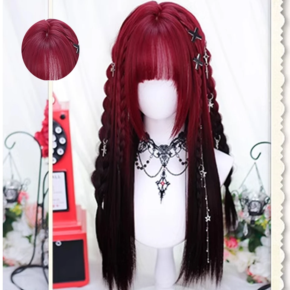 VICWIG Wig Wig panjang Lurus merah, rambut palsu Cosplay wanita panjang Lurus merah dengan poni sintetis, rambut palsu untuk pesta sehari-hari