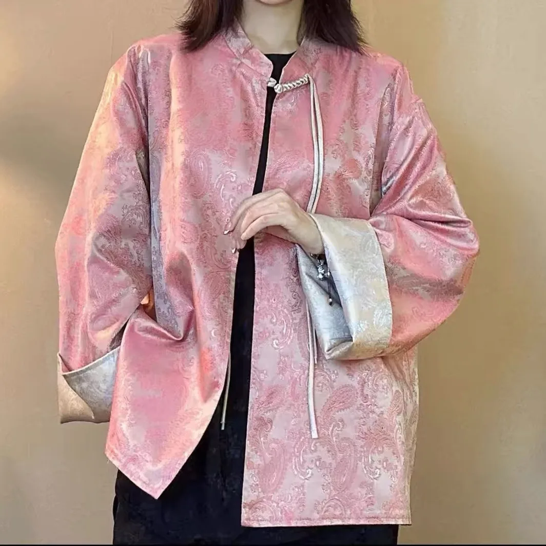 

New Satin Jacquard Elegant Top For Women, Vintage Chinese-Style Button-Up Cardigan, Spring Tassel Loose Long-Sleeve Coat
