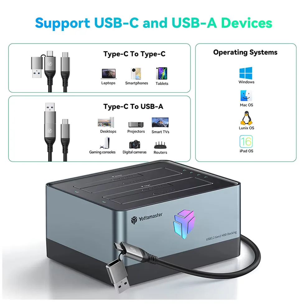 Yottamaster 2.5/3.5 inch HD Case USB Docking Station Hard Drive Disk Clone Housing Box Dual Bay SATA SSD HDD External Enclosure