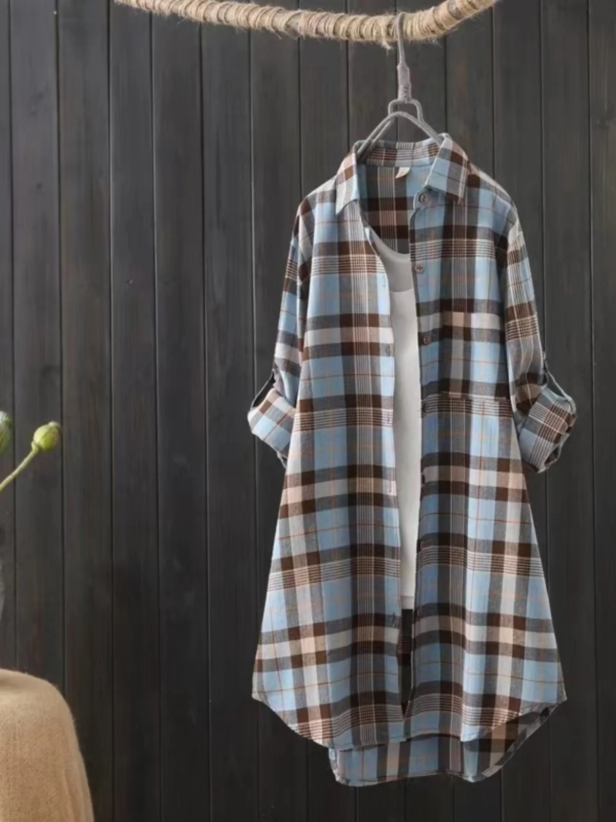 

Midi Length Plaid Shirt Women 2026 Spring/Summer Large Size Casual Versatile Long Sleeved Lapel Top Loose Single Breasted Jacket