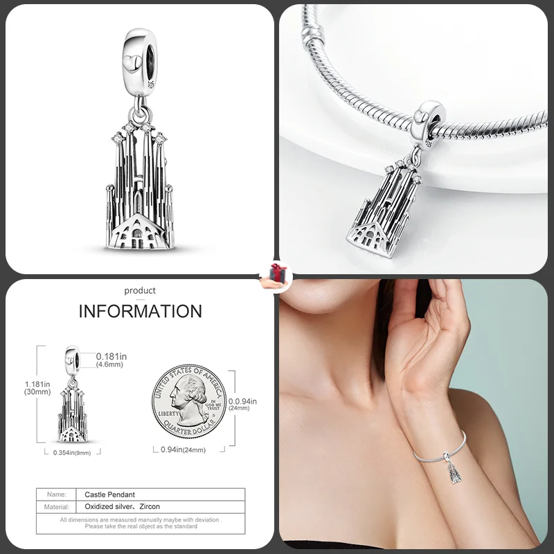 925 Sterling Silver Fashionable Tower Architectural Silver Collection Charm Beads for Brand Original Bracelet DIY Jewelry Gift