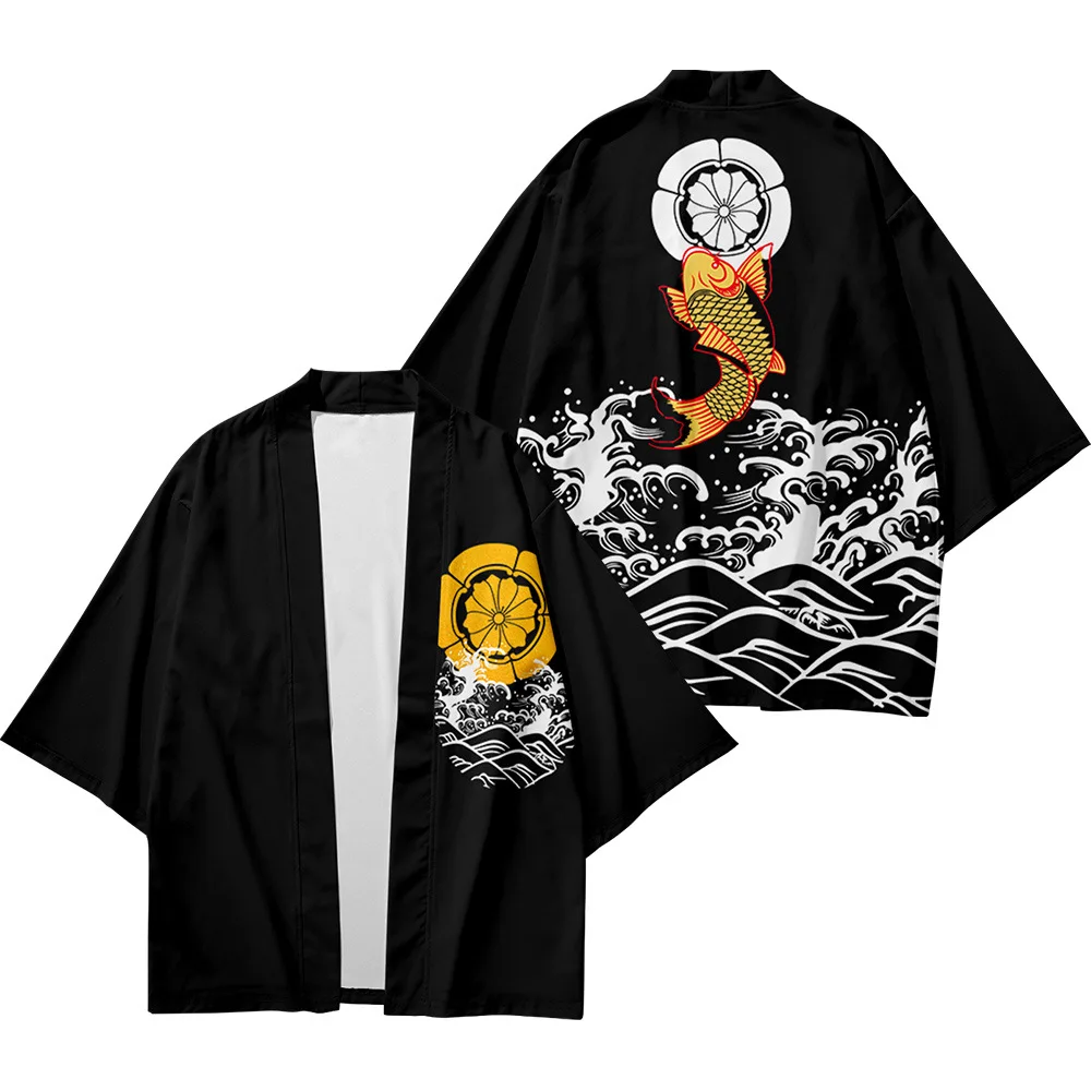 Summer Beach Wave Carp Print Women Kimono Streetwear Traditional Cardigan 3/4 Sleeve Shirt Haori Fashion Kimono Yukata Men