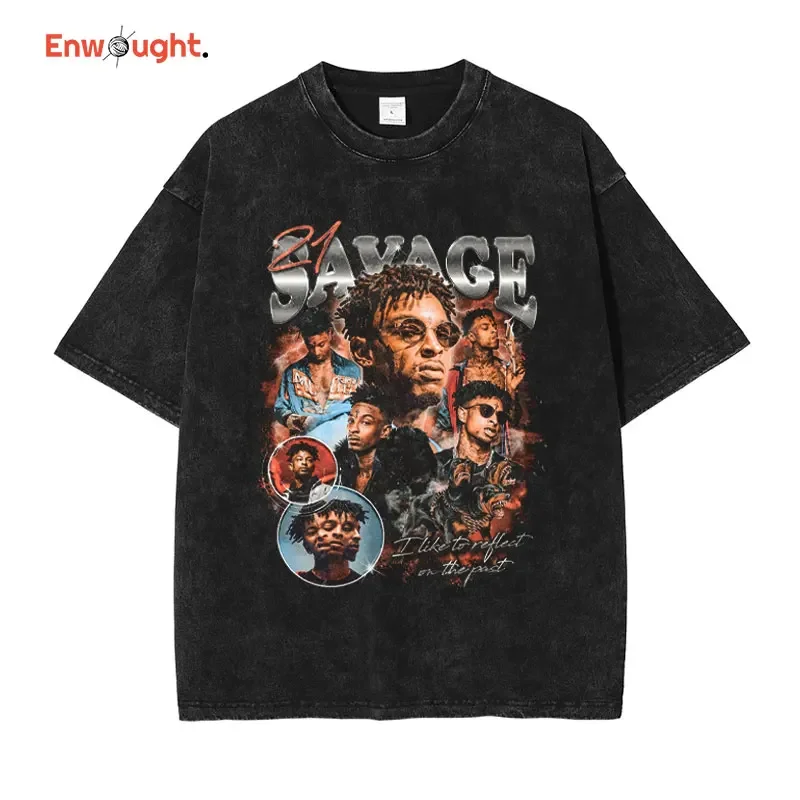 21 Savage T Shirt Hip Hop Rapper Abraham Joseph Vintage Washed Top Tees Oversized T-shirt Harajuku Short Sleeve Men 100% Cotton