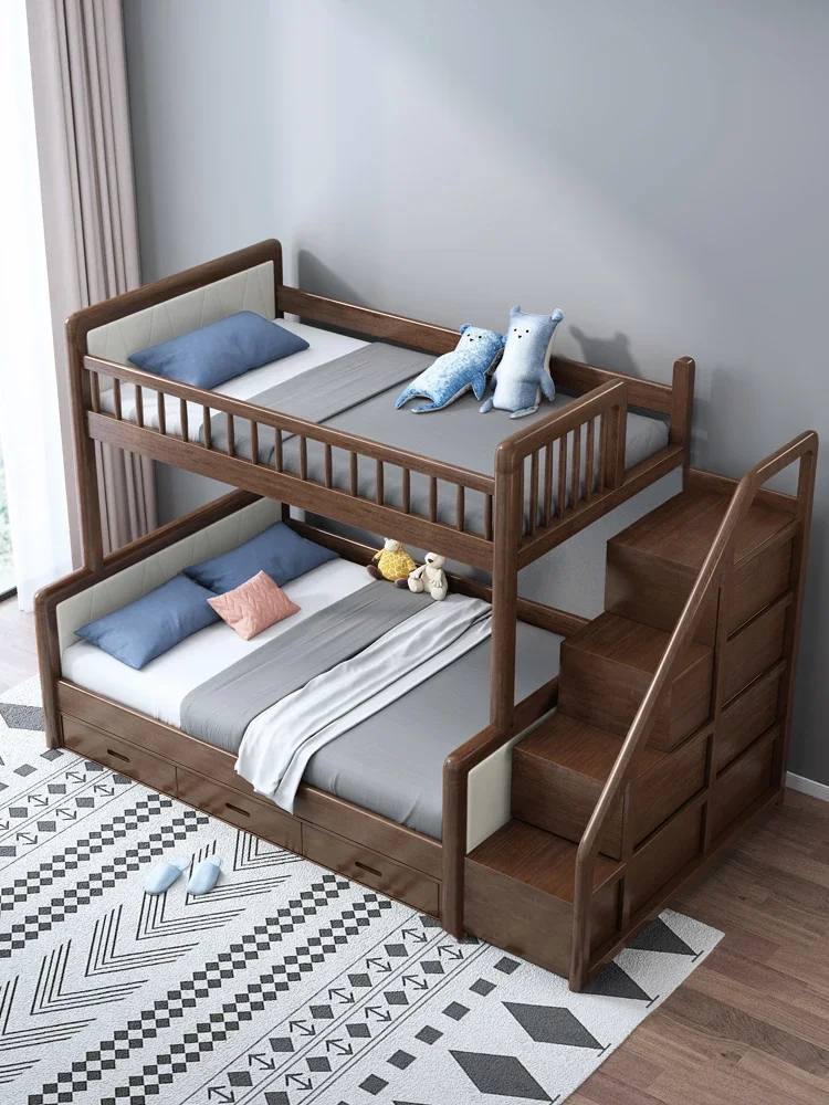 Solid Wood Walnut Multi-Functional Combination of Upper and Lower Bunk Height-Adjustable Bed Bunk Bed