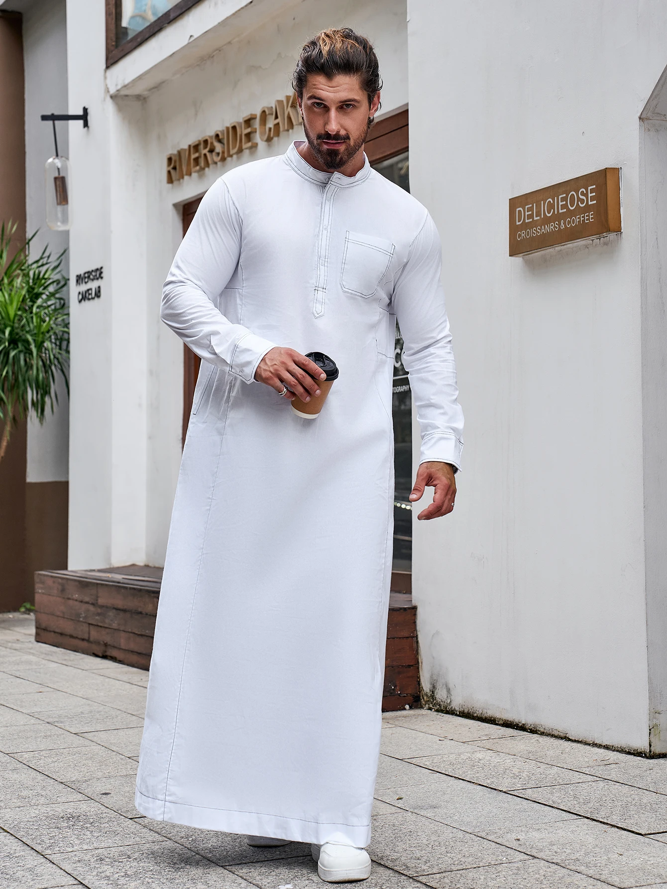 Túnica de manga larga de Color sólido para hombre, Túnica musulmana de Ramadán, Arabia Saudita, Oriente Medio, Dubái, malayo