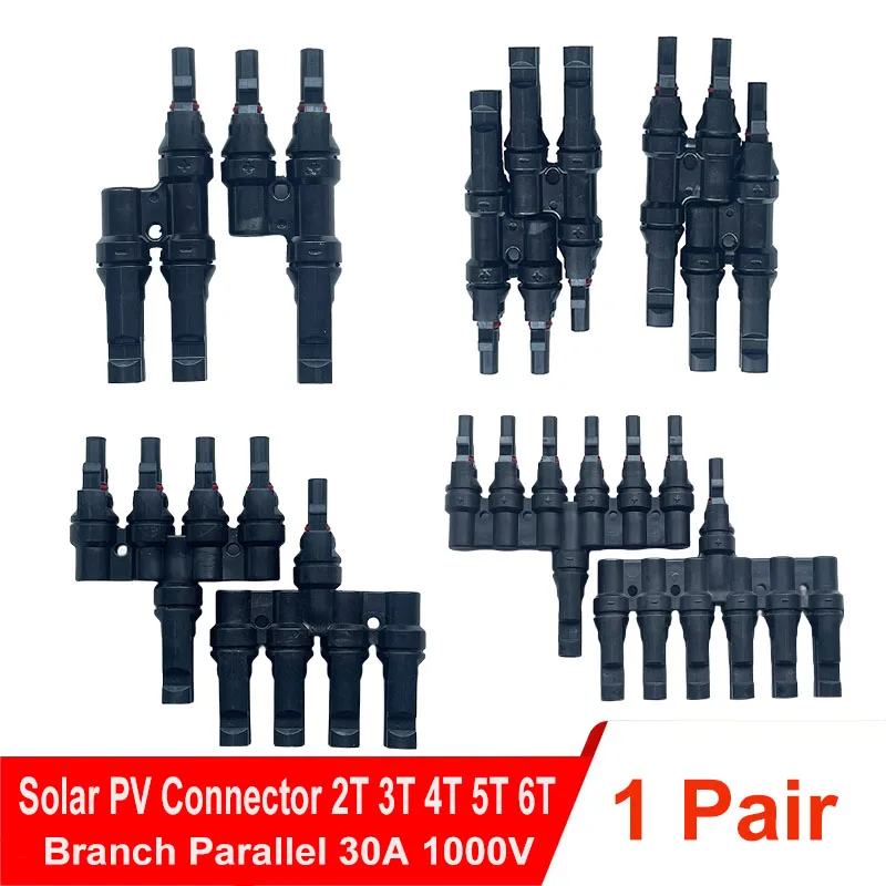 

T2/T3/T4/T5/T6 Solar PV Multi Parallel Branch Connector 1 Pair Positive Negative 30A 1000V DC Photovoltaic Panel Cable Adaptor