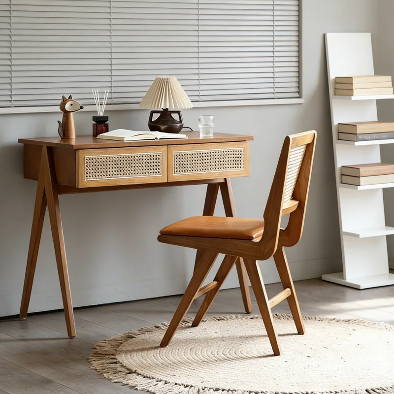 Japanese-style solid wood study table household small apartment rattan desk integrated computer desk