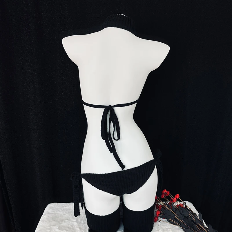 

SENMHS Black Hollow Out Sweater Sexy Gothic Bikini Pajamas Game Cosplay Temptation Lingerie Women Top And T-back Socks 4pieces