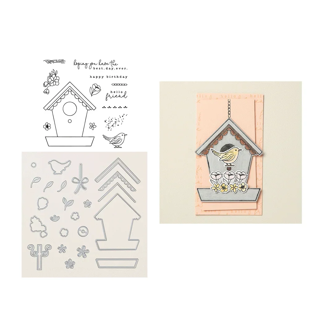 2pcs/set House Tree Bundles Clear Stamps And Metal Cutting Dies For DIY Craft Making Card  Photo Album Scrapbooking Decoration