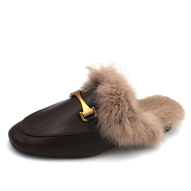 Winter New Real Fur Metal Buckle Mules Women Shoes Loafers Pregnant Shoes Women Furry Slides Fluffy Hairy Flip Flops