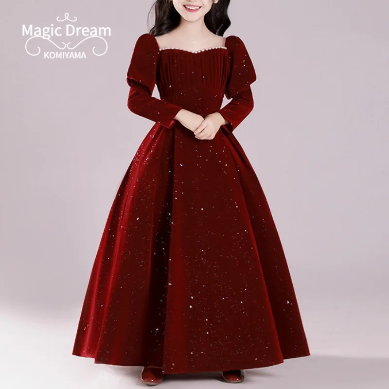 Customized Square Collar Slim Flower Girls Dresses Wed Long Sleeve Elegant Simple Kids Birthday Party Robe Temperament Princess