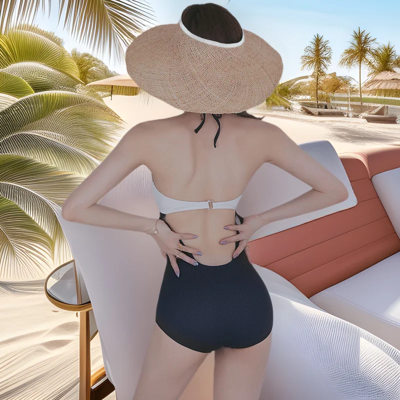 

Minsu New High-End Swimsuit for Women Retro Color-Block Fairy Style Sexy Backless Tummy-Control Slimming Gathered Vacation Swimw