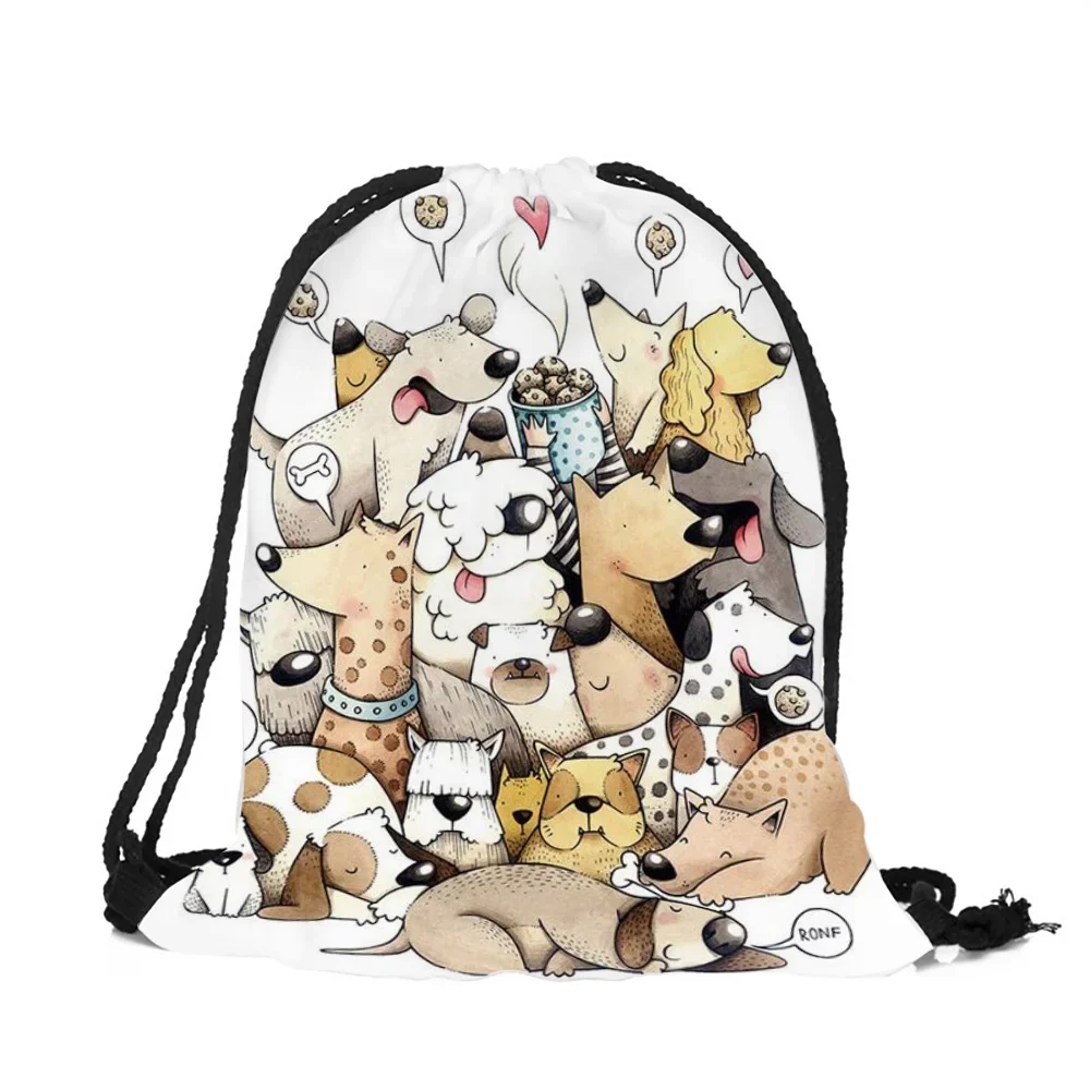 Customize Cute Cartoon Kitten Puppy Printing Drawstring Bags with Double Sides for Woman Man School Travel Use String Backpack