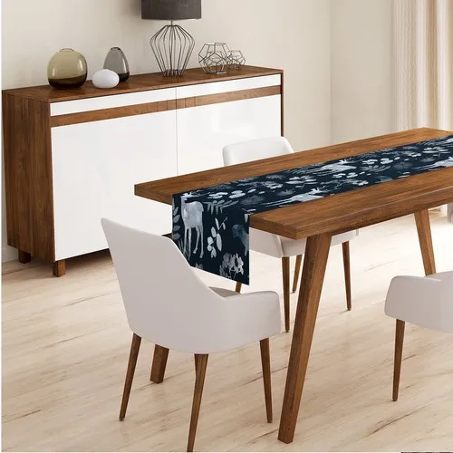 RealHomes Navy Blue Ground Deer and Leaf Motifs Digital Printed Custom Design Runner