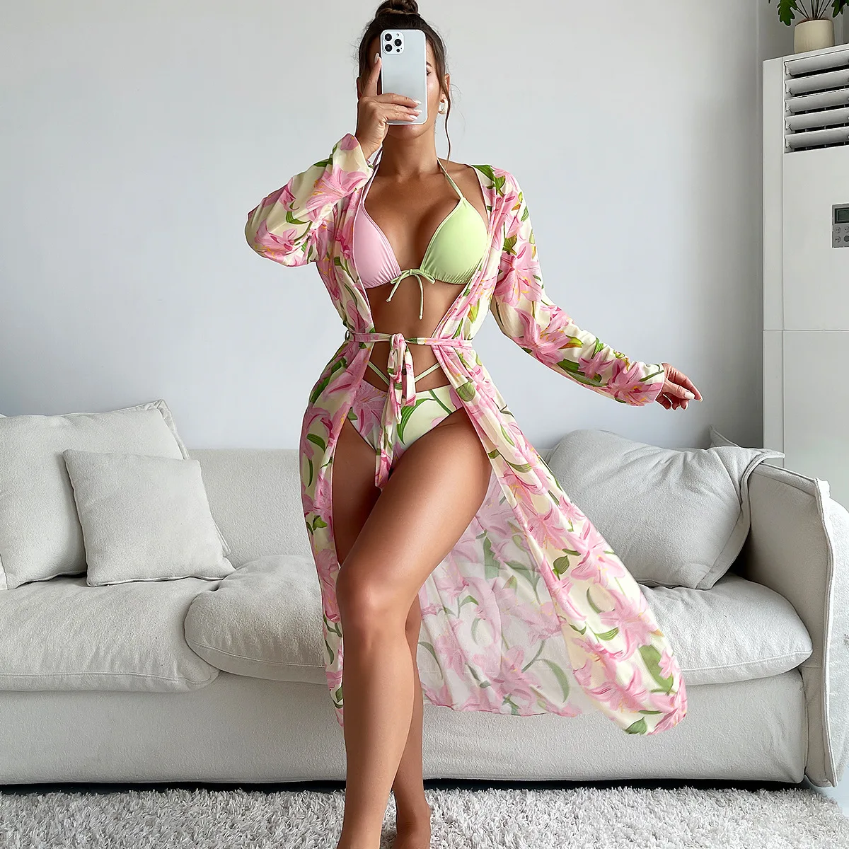 

Women Floral Print Bathing Suit 3 Piece Swimsuit Kimono High Waist Bikini Long Sleeve Beach Cover Up Swimwear String Bikinis